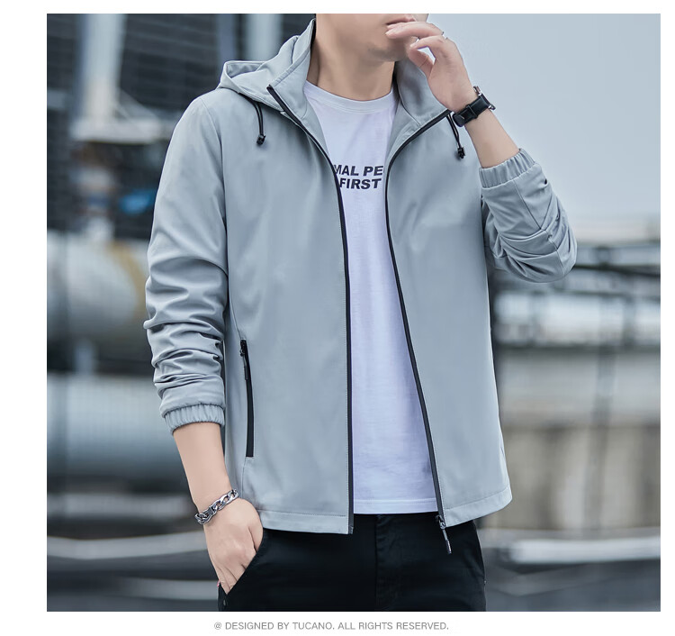 TUCANO Men's Jacket Spring Autumn Detachable Hood Outdoor Versatile Printed Sports Comfortable Top Light Gray 5XL 18