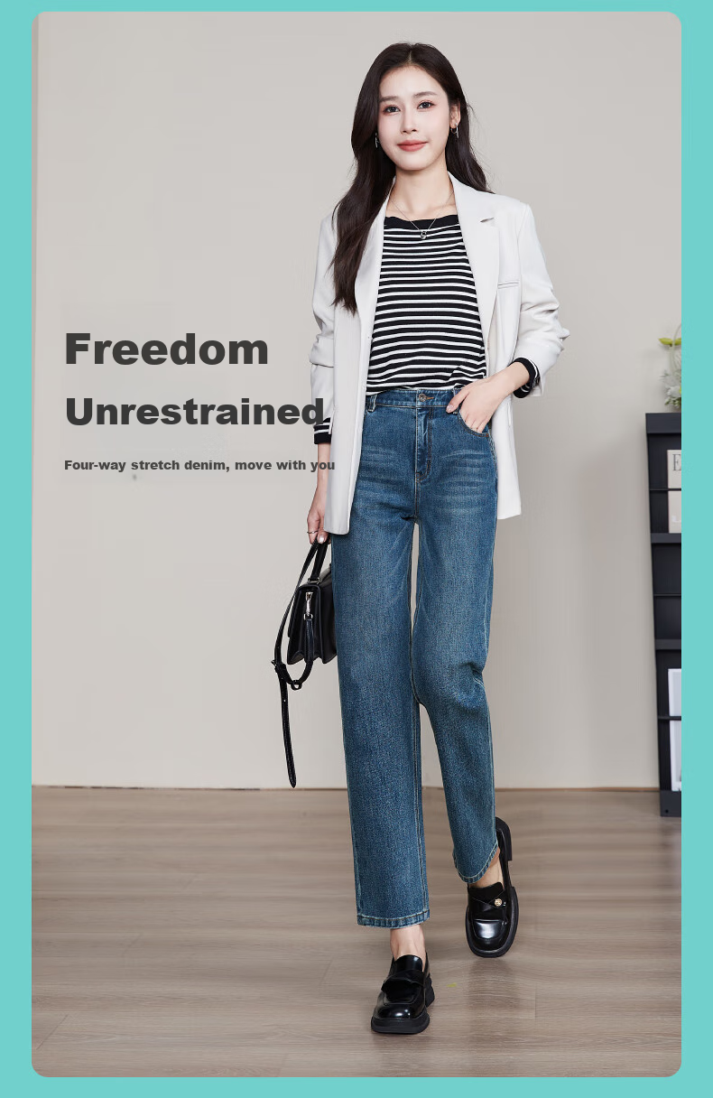 ESE-Y Spring 2025 New Slim-Fit Straight-Leg Jeans for Women with Four-Way Stretch, Slimming Effect, Ankle-Length, Denim Blue, Size 27 6