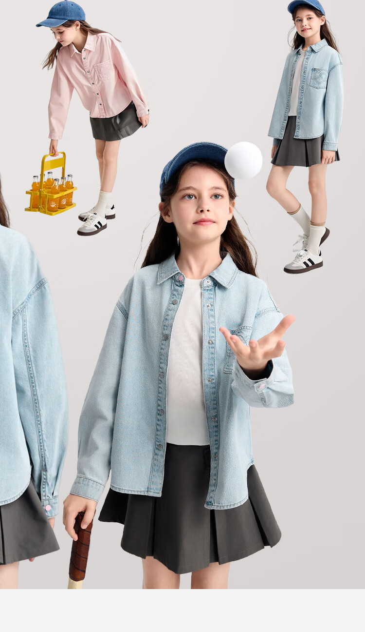 Balabala [balaOne] Girls' Long Sleeve Shirt 2026 Spring 100% Cotton Denim Fashion 3