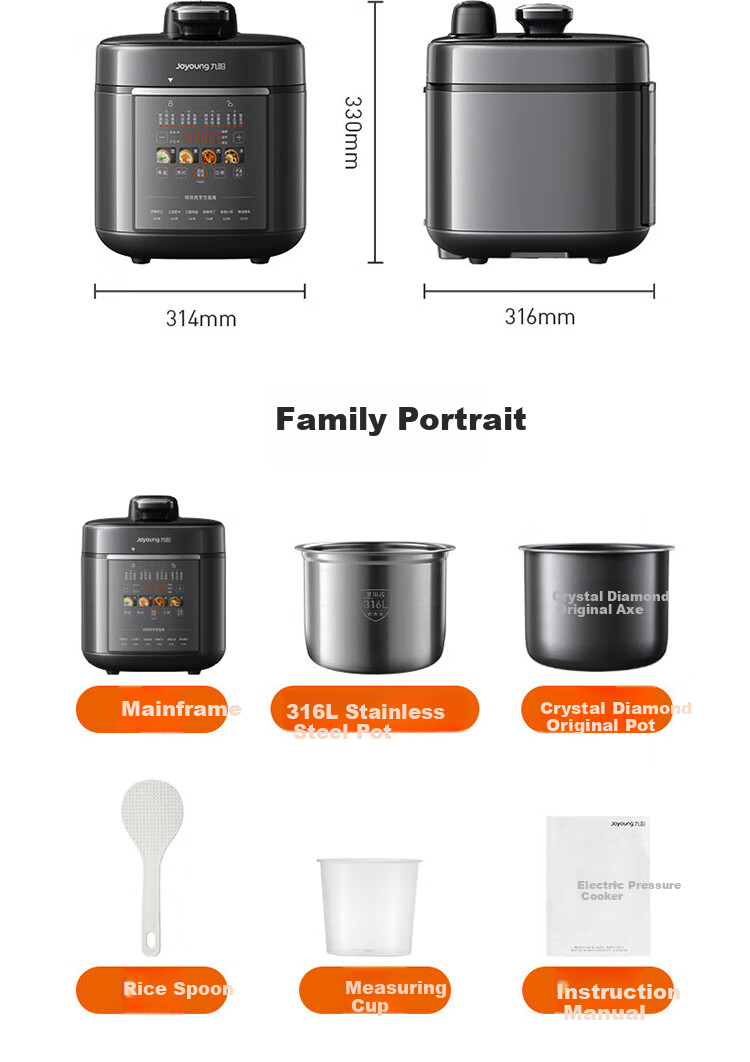 Joyoung Home 5L Electric Pressure Cooker with Dual Inner Pot, Non-Coated 316L Inner Pot, Programmable Timer Rice Cooker Y-50H160 5