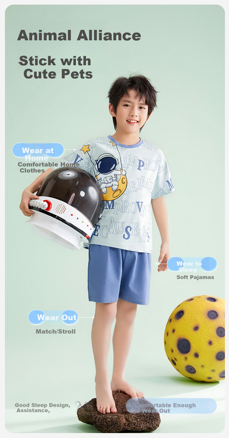 Fenteng Boys' Pajamas [Class A 7A Antibacterial] 100% Cotton Lightweight Children's Short Sleeve Air Conditioning Set 4