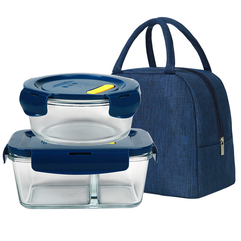 Demasi Heat-Resistant Glass Food Storage Container, Microwave-Safe Lunch Box for Office Workers, Bento Box with 2 Compartments, Heightened Design, 1060ml + 650ml + Bag