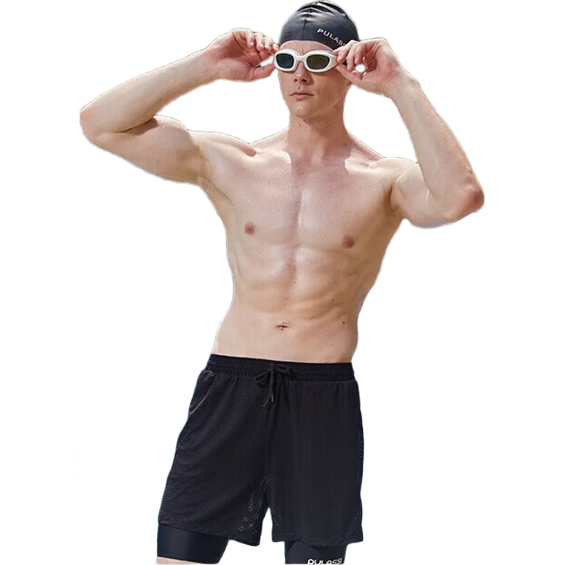 PULASSI Men's Swim Trunks Anti-Embarrassment Five-Point 2025 New Professional Quick-Dry Chlorine-Resistant Double-Layer Swimwear Black 3XL