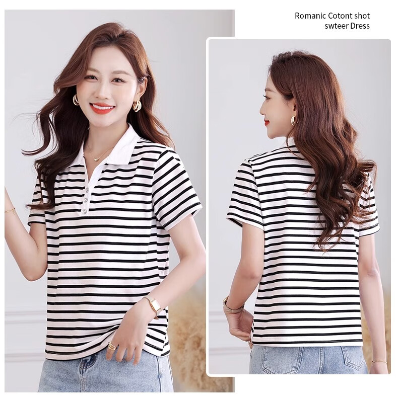 Woodpecker Pure Cotton Polo Collar Short Sleeve T-Shirt Women Summer Striped Polo Shirt Loose Plus Size Black White L 9