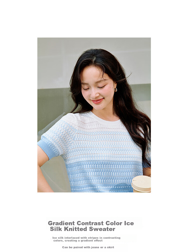 INMAN INMAN [Runway Style] Dindal Round Neck Knit Short-Sleeve T-Shirt for Women, Summer 2026 Top, Pink, Baitiao L 2