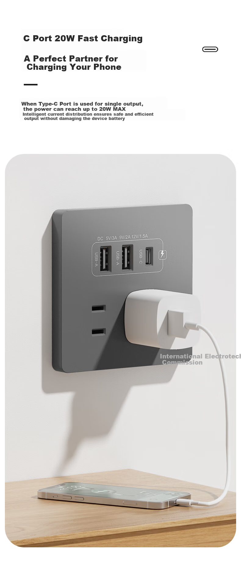 FDD Concealed 86-Type 20W Fast Charging USB Socket Switch Panel Wall-Mounted Mobile Phone Charging Type-C Home Five-Hole Five-Hole 20W Fast Charging USB+typeC (White) 3