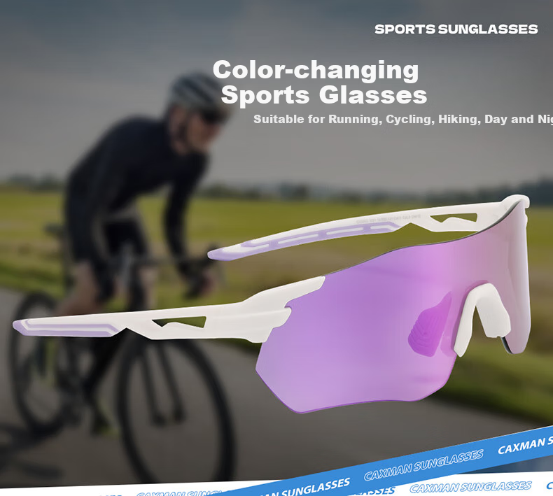CAXMAN Running Glasses for Men And Women, Marathon-Specific User Outdoor Sunglasses Cycling Photochromic Sports Glasses W01 White Frame Changing to Purple 1