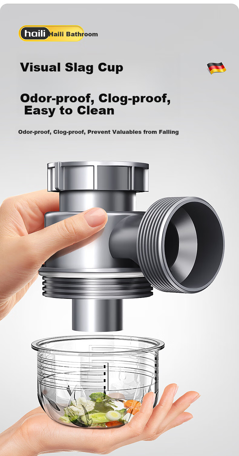 Haili Kitchen Sink Drain Pipe Complete Set, Double Sink 110mm Drainage System, Dishwashing Basin Drainage Pipe Kit Accessories S18 25