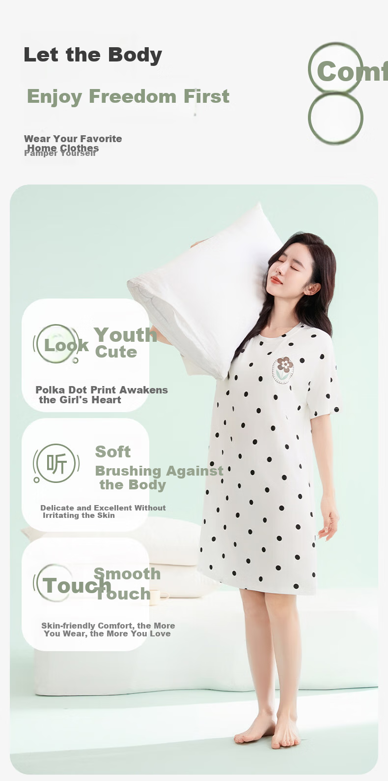FENTENGCARE Women's Nightgown with Built-In Bra Pads, Round Neck Short Sleeve Short Skirt Polka Dot Breathable Dress Loungewear Gift for Girls 5