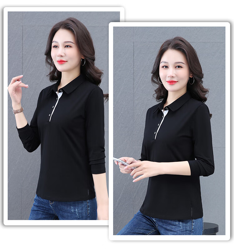 Woodpecker Women's Long Sleeve Cotton Polo Shirt, Spring Autumn New, Middle-aged Plus Size Casual Top, Gray, L 9