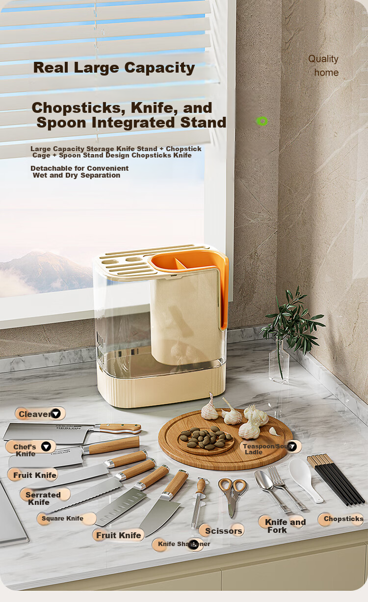 OAK Chopstick Holder, Knife Rack, Kitchen Utensil Organizer, Multi-Functional Draining Storage Container for Chopsticks And Knives C1545 3