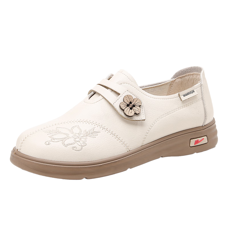 Huili Mom Shoes, Comfortable Spring And Autumn Middle-Aged And Elderly Women's Flats, New Style Soft Sole Non-Slip Shoes, 60-Year Leather Shoes, 0123 Beige, Size 41