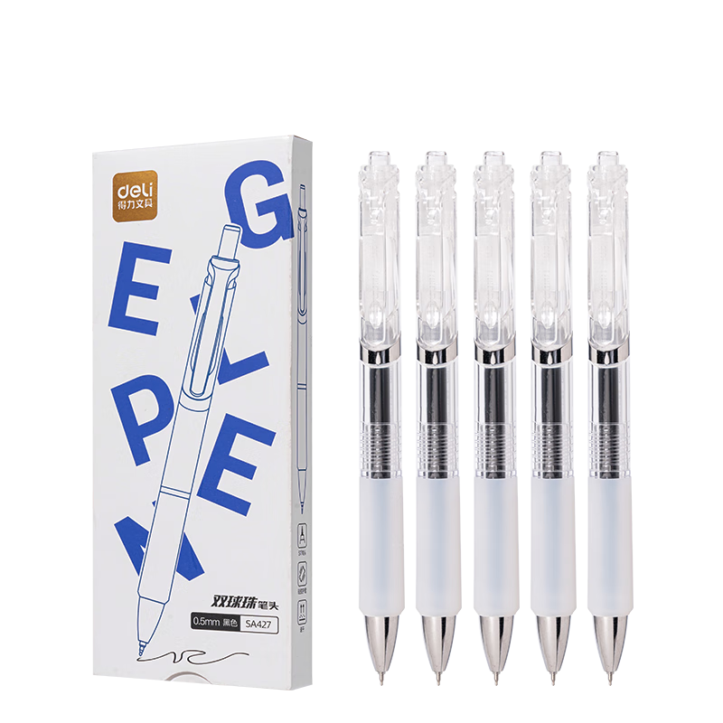 Deli Back-To Essential S01 Student Quick-Drying Retractable Gel Pen with Dual Ball Tip, 0.5mm Black Pen for Exams And Practice, Water-Based Ink, Black, 5 Pens/Box SA427