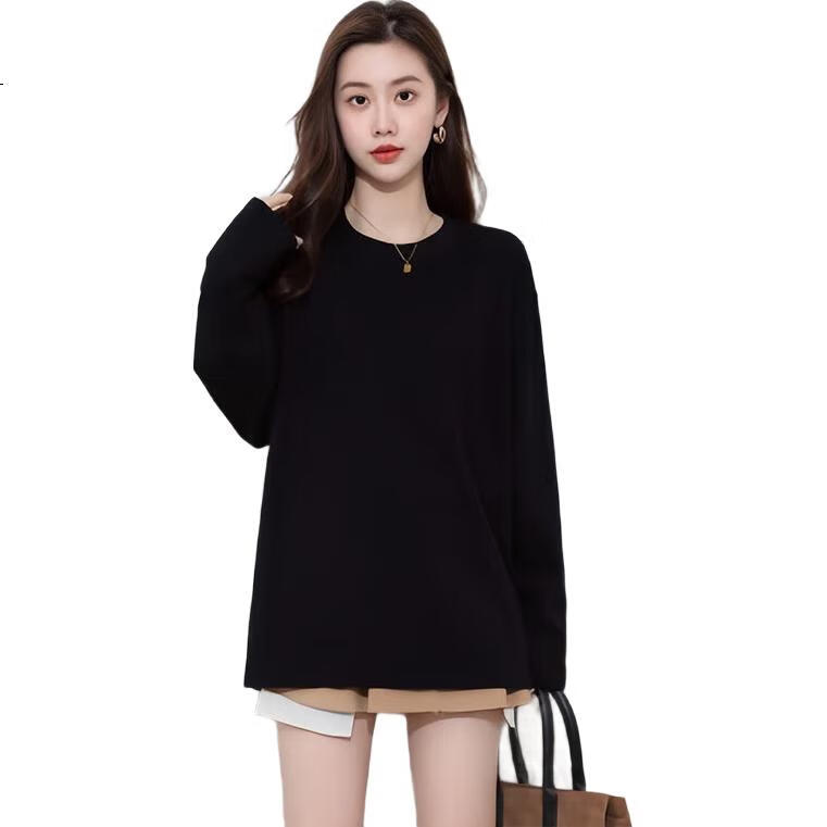 NOME Long-Sleeve T-Shirt for Women, 2024 New Spring And Autumn Style, Pure Cotton Mid-Length Loose Comfortable Base Layer Solid Color Top, Black, XL