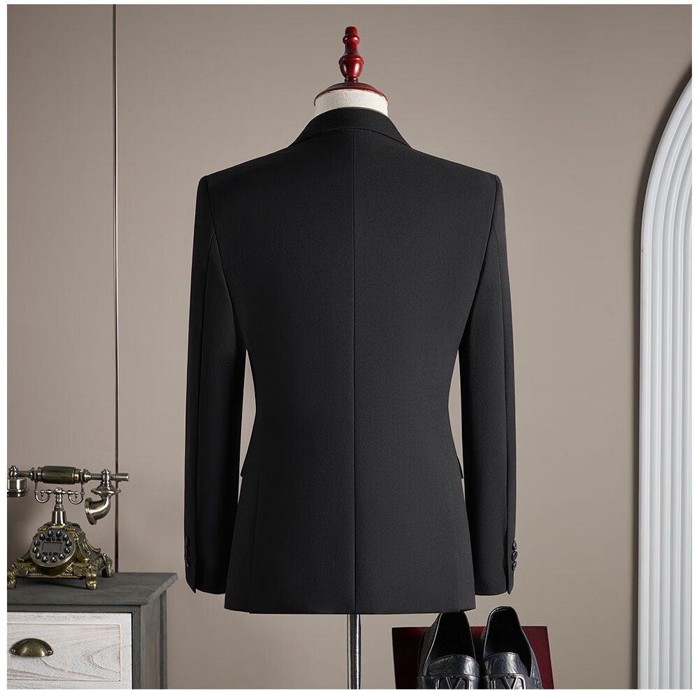 ROMON Men's Suit Set (Blazer + Vest + Trousers) Professional Formal Wool Coat Navy Blue 4XL 7