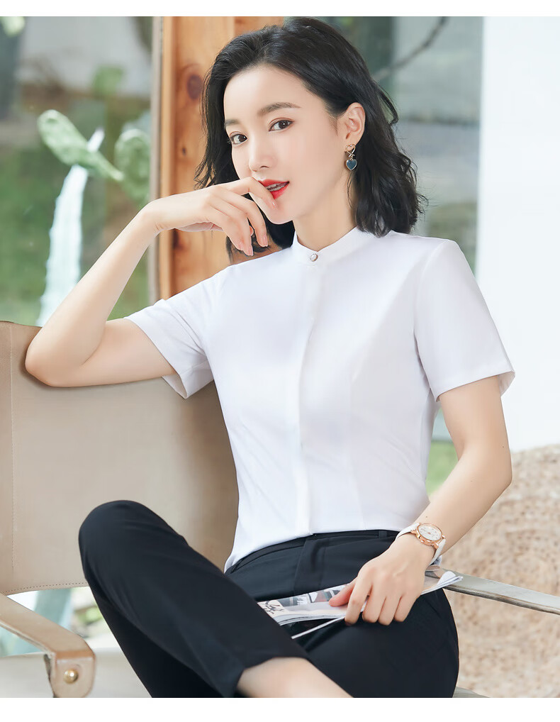Romon [Professional Commuting] Women's Summer Anti-Exposure Slim Fit Breathable Solid Color Short Sleeve Shirt White 2XL 2