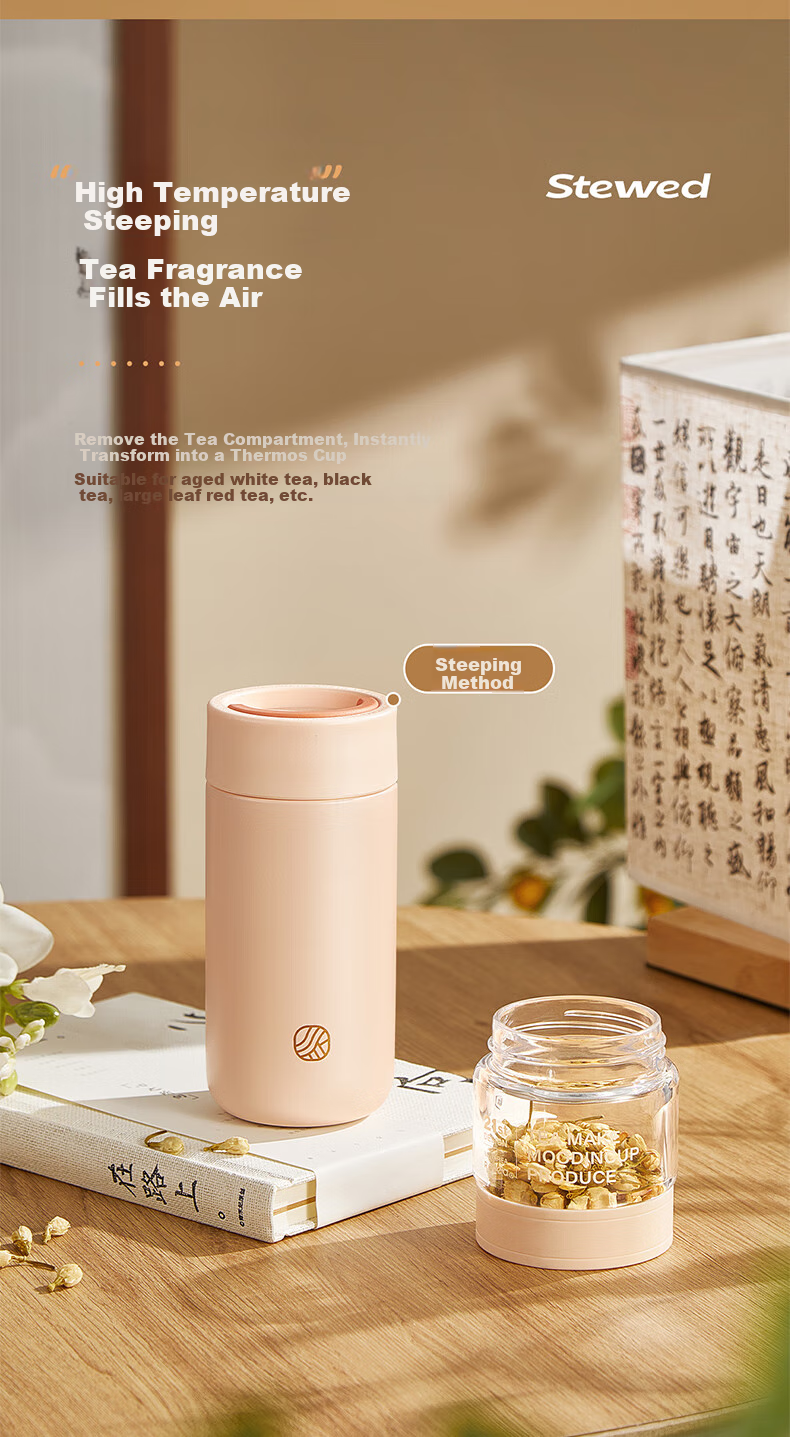 RELEA Insulated Water Bottle Unisex Tea Separation Cup Large Capacity 316L Stainless Steel Independent Tea Compartment Brewing Cup Floral Tea Mug 6