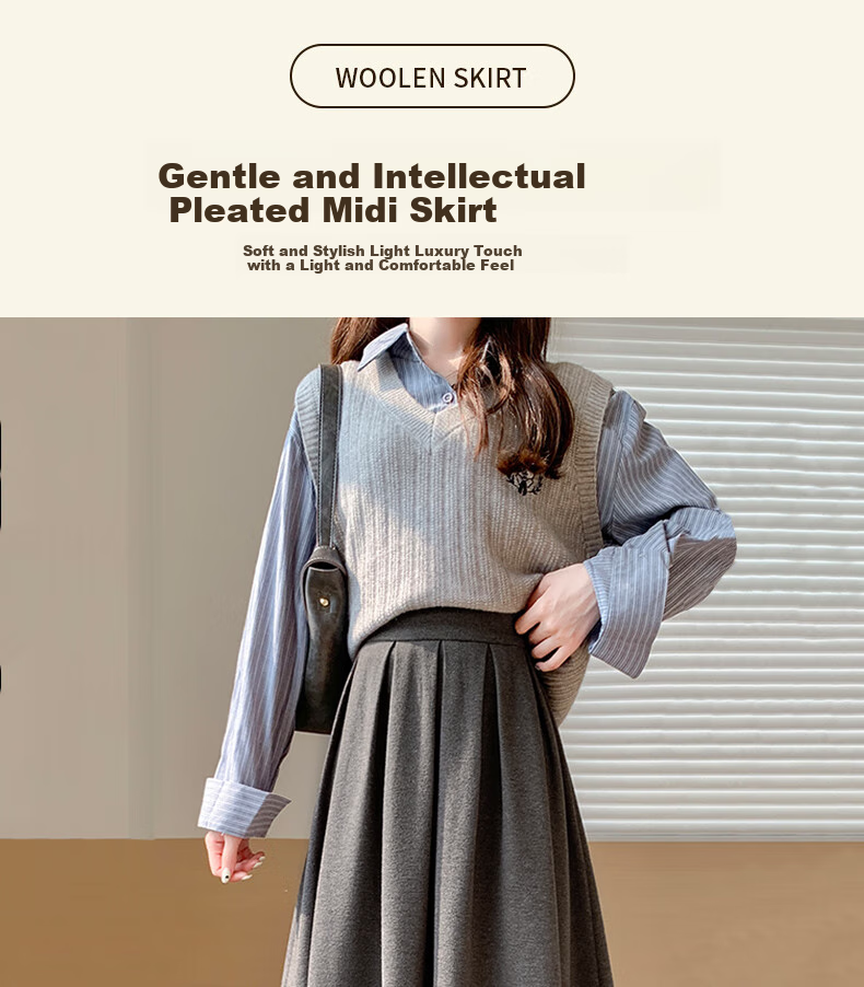LangSha Women's Woolen Feel Skirt 2026 Spring Autumn High Waist Loose Slim A-Line Mid-Length Skirt 1
