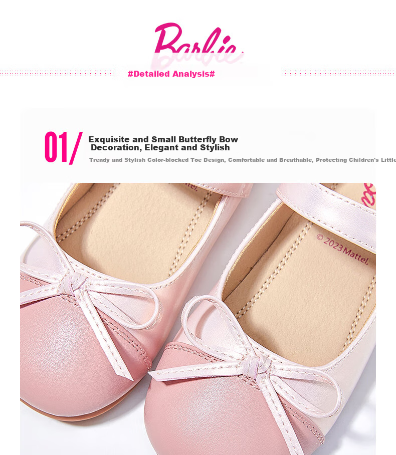 Barbie Children's Shoes, Spring And Autumn Kids Leather Shoes, Cute Color-Block Princess Style Girls' Small Leather Shoes, Fashion Shoes DA6039 Pink Size 27 8