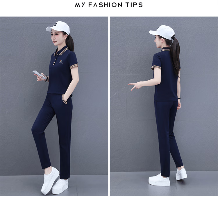 Woodpecker Pure Cotton Casual Sports Polo Set for Women Summer Fashion Youthful Middle-aged Mom Two-piece Set Royal Blue L 16