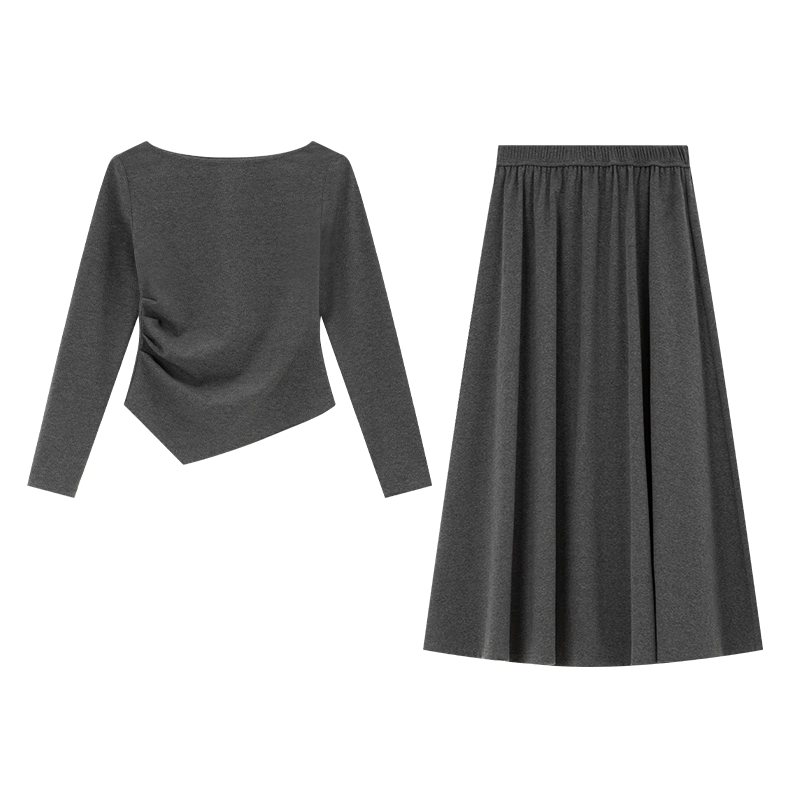 Fansiman Korean Style Premium Commuter Suit Dress for Women Autumn New Top and Skirt Set Deep Floral Gray L
