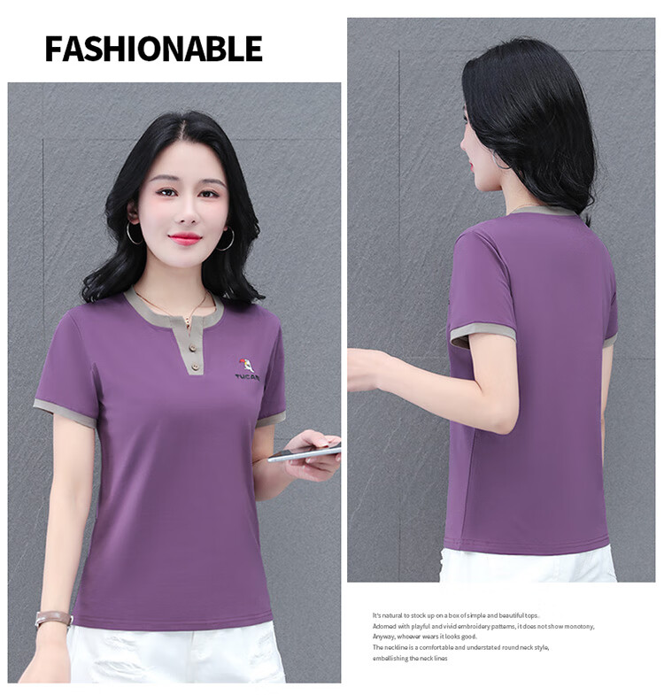 Woodpecker Pure Cotton Crew Neck Shoulder-Fit Short Sleeve T-Shirt for Women Summer New Slim Fit Black M 16