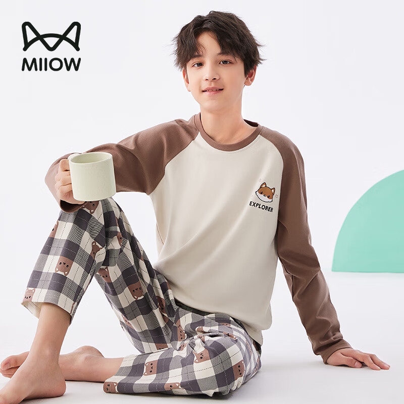 MiiOW Children's Pajamas for Boys, Spring And Autumn Style, Pure Cotton, Long-Sleeve Sleepwear Set for Kids And Teens, Star Fox Design, Size 180