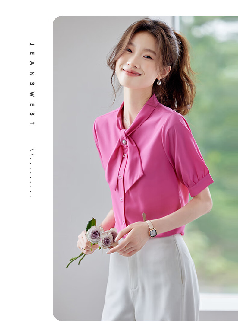 JEANSWEST Women's Summer Short Sleeve Shirt Elegant Versatile Fashion Bowknot Solid Color Formal Top White M 6