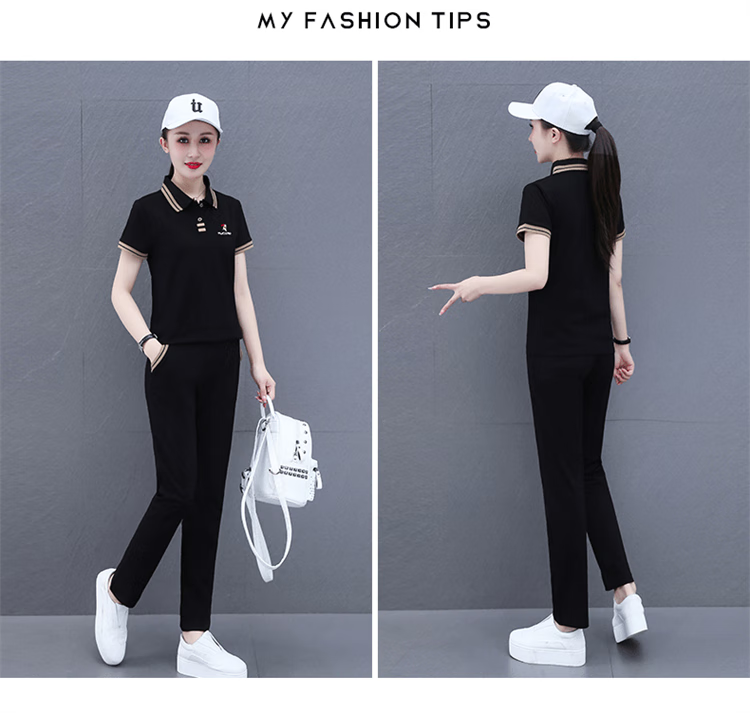 Woodpecker Pure Cotton Casual Sports Polo Set for Women Summer Fashion Youthful Middle-aged Mom Two-piece Set Royal Blue L 18