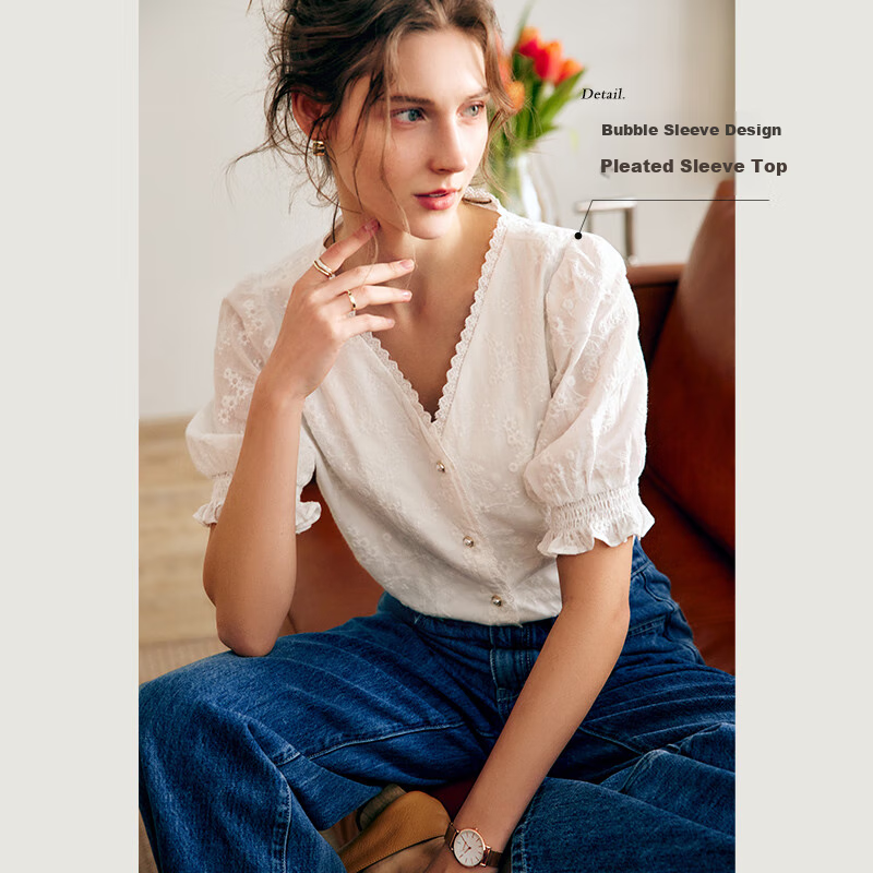 Olrain [Exquisite Small Flower Embroidery Lace Blouse], V-Neck Shirt, Summer Women's Top, Elegant Commuter Wear, White, M