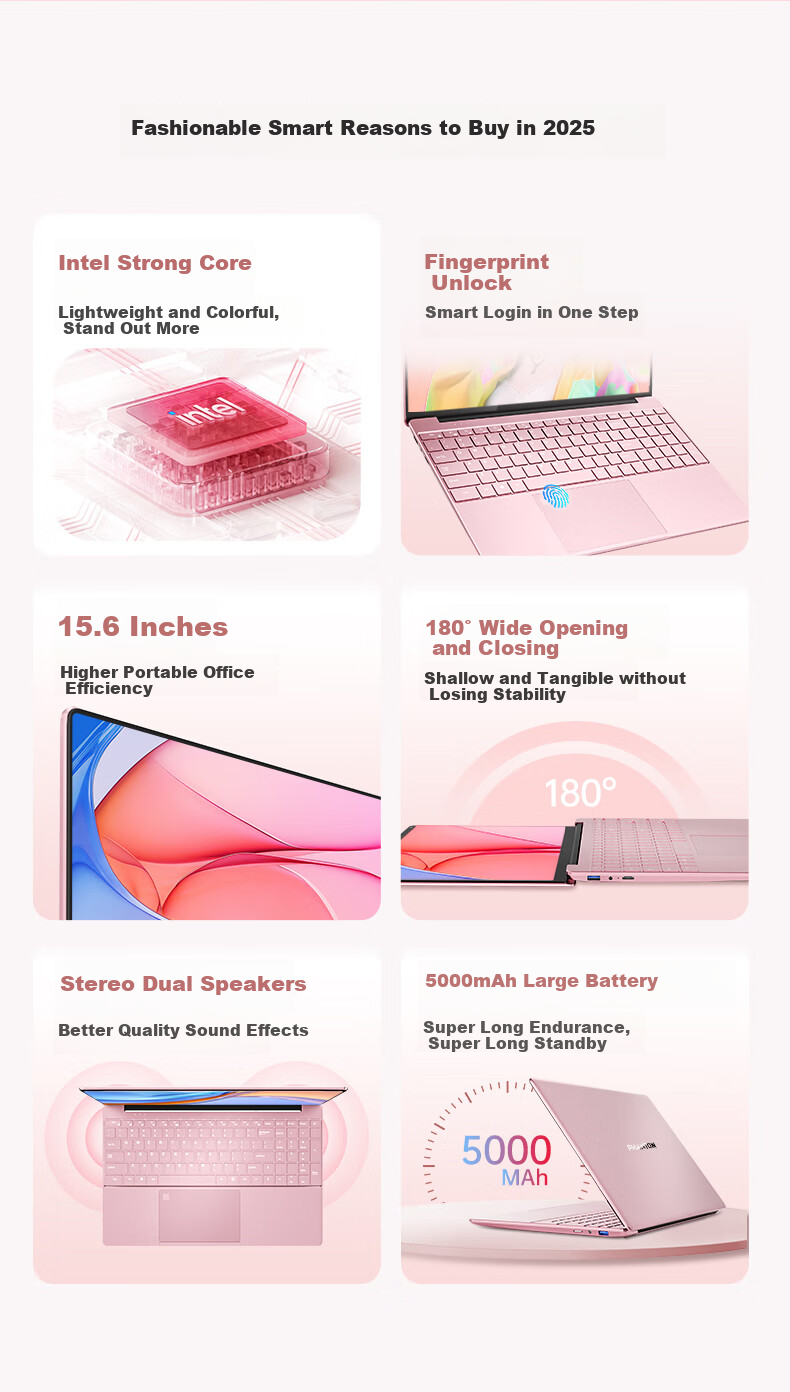 AIERXUAN 2026 New 15.6-Inch Business Office Student Online Class Laptop, Goddess Pink, 16GB Large Memory + 512GB Large Capacity 4