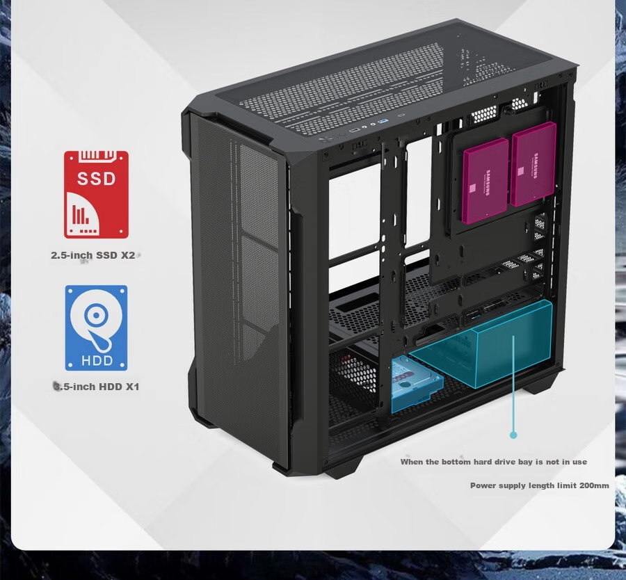 Yingchi Gaming Desktop Computer Case, Black (ATX/TYPE-C/Rapid Disassembly/Back-Mounted Motherboard Compatible/Vertical Graphics Card Installation/Integrated Cable Management/Component Box) 11