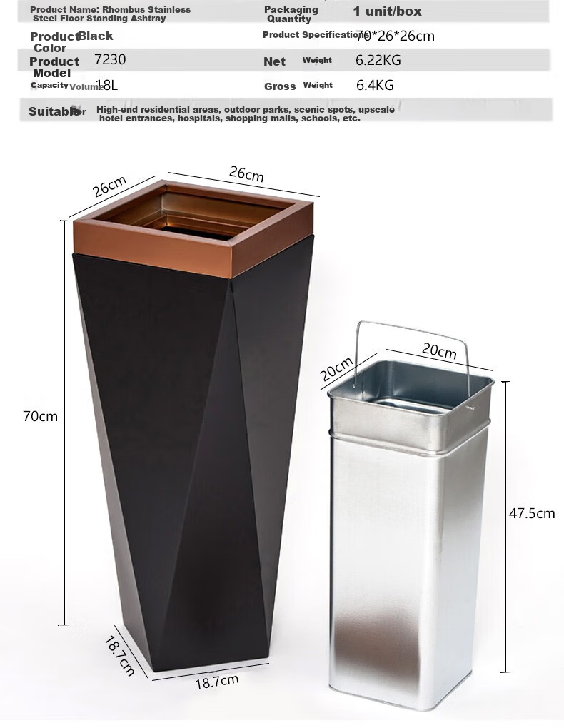 Sitoo Bullet-Head Trash Can, 48L Round, for Indoor Use in Hotels, Coffee Shops, And Bubble Tea Stores, Large Capacity, Stainless Steel, Baked Paint Black Color 9
