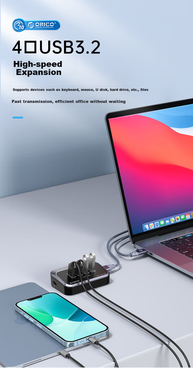 ORICO USB3.2 Hub Gen2 Expansion Dock, 10Gbps Converter Hub Extension Cable, Suitable for Apple MacBook Laptops M37A-10 3