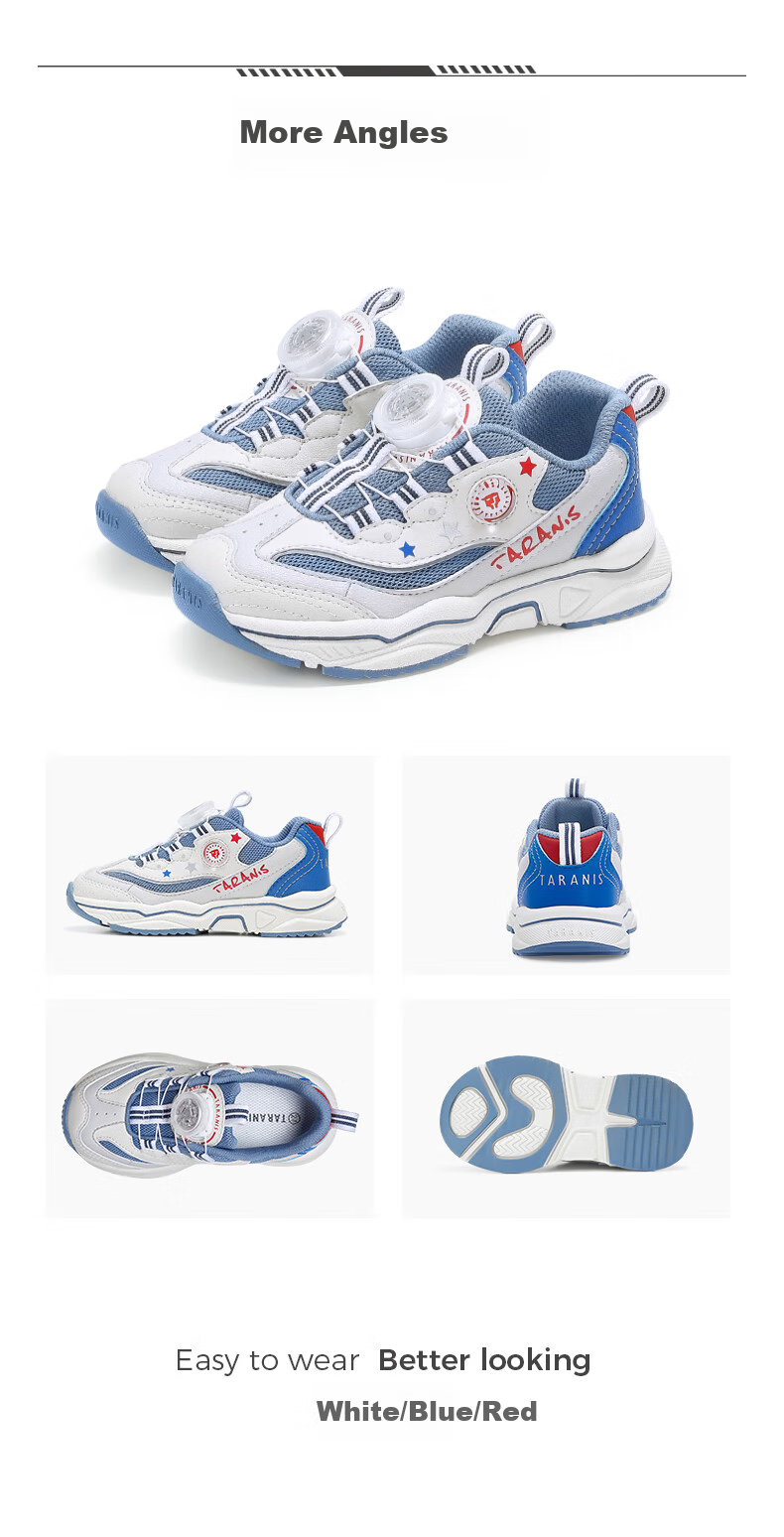 TARANIS Children's Sports Shoes, Spring Anti-Slip Wear-Resistant Boys Running Shoes, Rotary Buckle Girls Dad Shoes, White/blue/red, Size 37 7