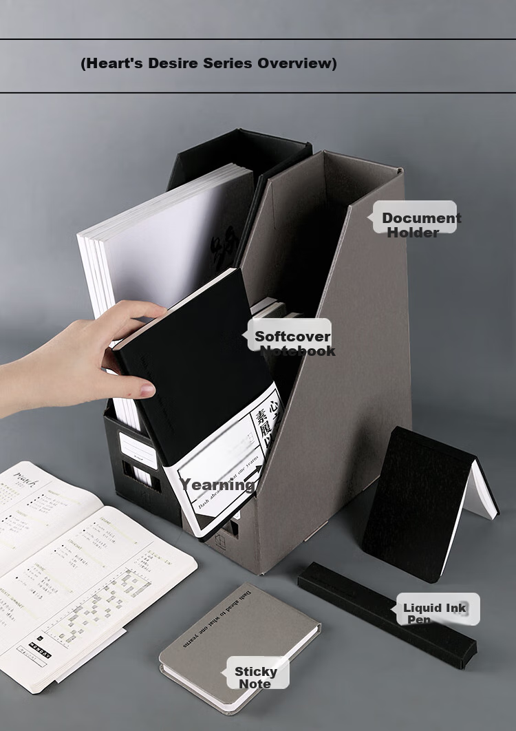 Kinbor A4 File Box, Corrugated Cardboard Document Organizer, Office Desk Storage Box, Vertical Bookshelf with Free Labels / Heart's Direction Gray DT53122 1