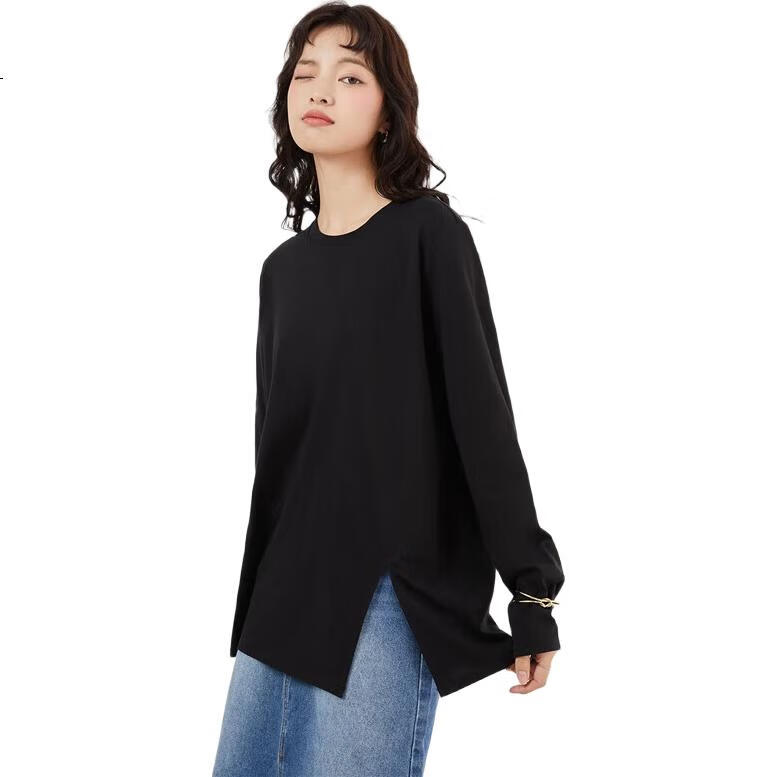 Женская футболка Giordano с длинным рукавом, модель 05324800, весна 2026, из 100% хлопка, с круглым вырезом и боковым разрезом, свободный крой