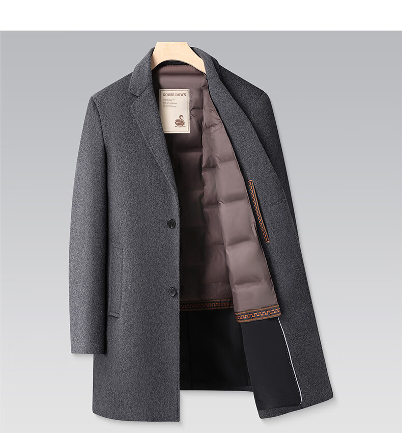 ROMON Men's Mid-Length Wool Cashmere Coat with Removable Goose Down Liner, Slim Fit, Autumn Winter 11