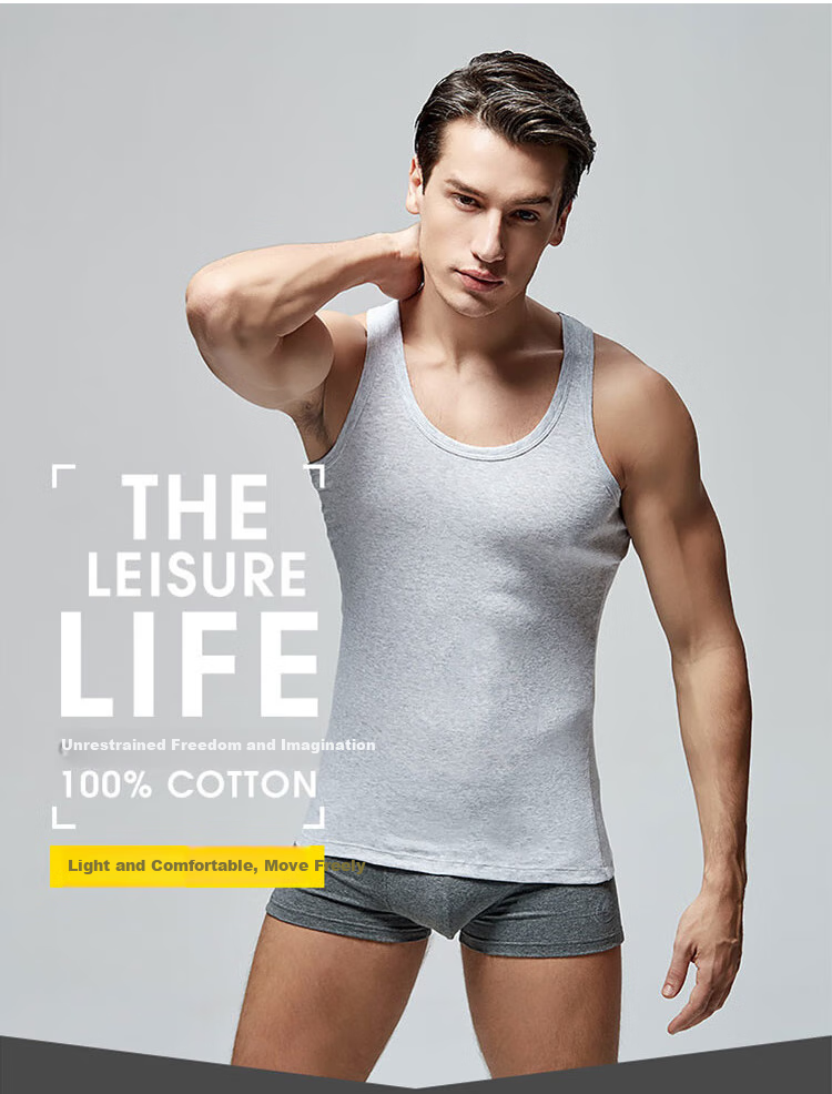 LangSha Men's Tank Top, Pure Cotton Undershirt, High-Elasticity, Sweat-Absorbing, Breathable, Sleeveless Sports Round Neck Vest 1