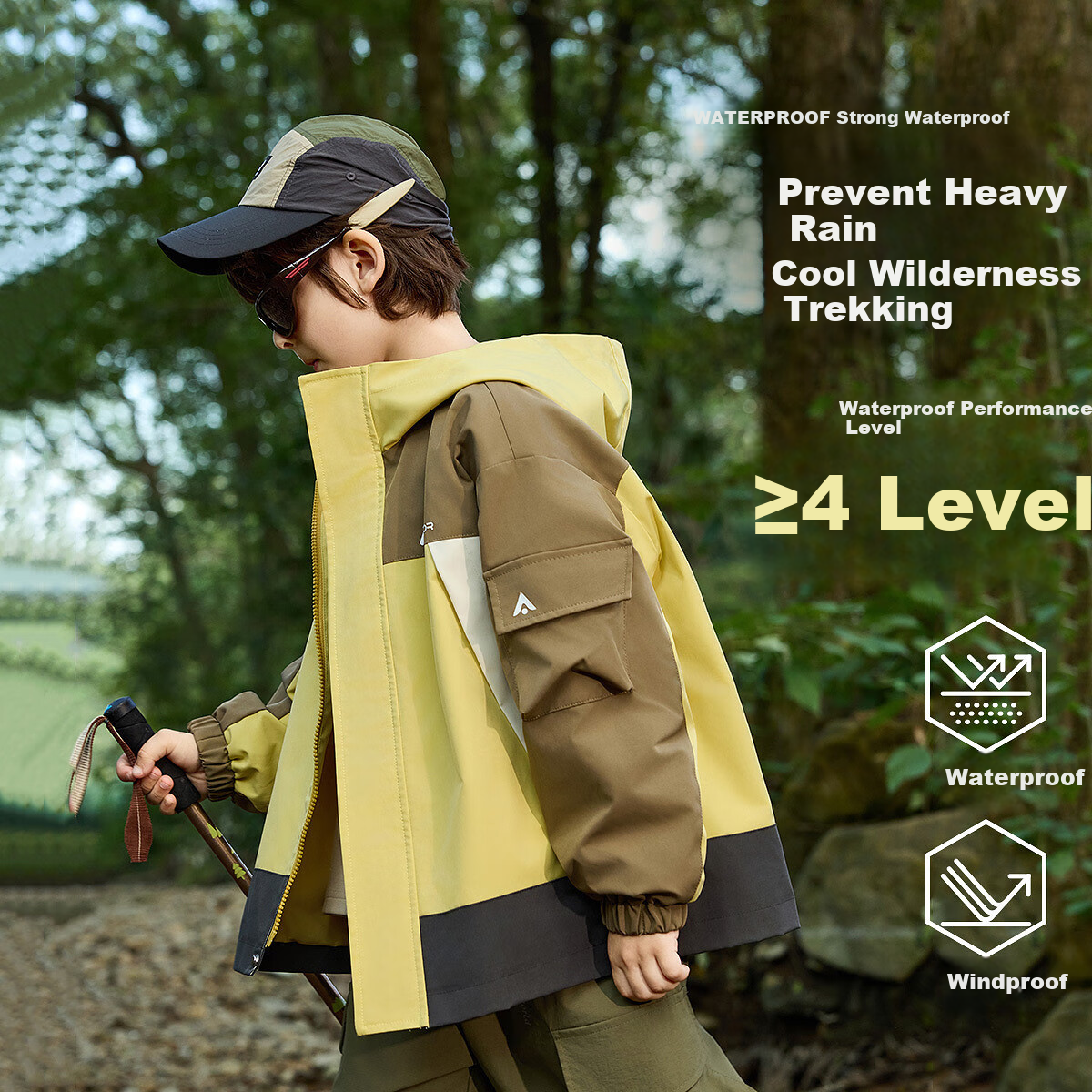 ASK JUNIOR Waterproof Children's Jacket, 2026 Autumn Boys' Outdoor Sports Parent-Child Wear-Resistant Soft Shell Hiking Coat, Yellow, Size 100