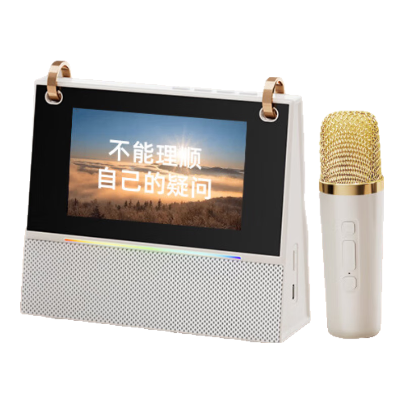 AISOMEX B163k Karaoke Microphone Speaker All-In Singing Device with Microphone, Home KTV Karaoke Machine, Children's Birthday Gift for Boys And Girls, Lyrics Display, White Dual Microphones