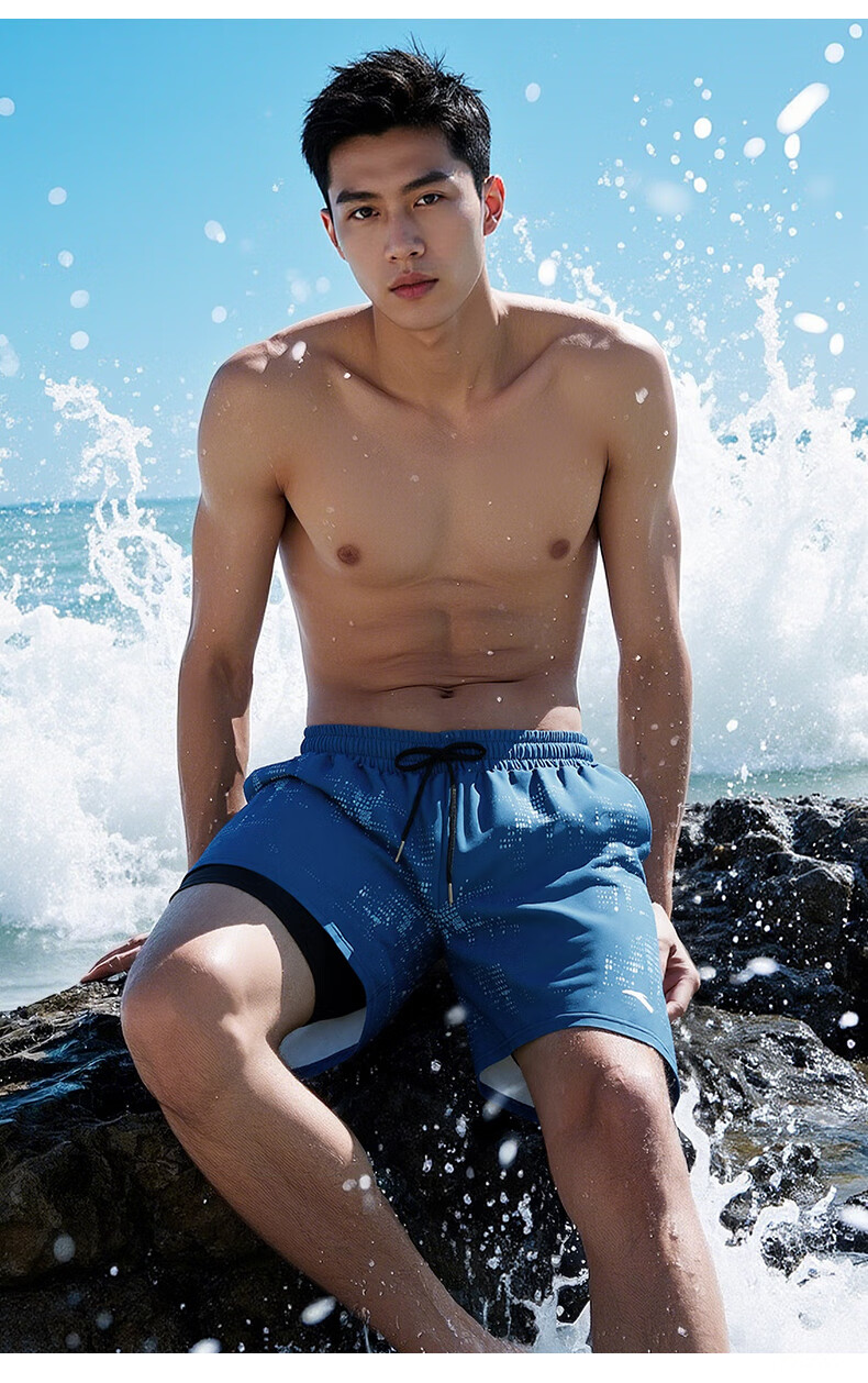 ANTA Men's Swim Trunks, Beach Shorts, Double-Layer Swimwear, Quick-Drying Breathable Knee-Length Shorts, Anti-Embarrassment Loose Swimming Trunks, Black XL 10