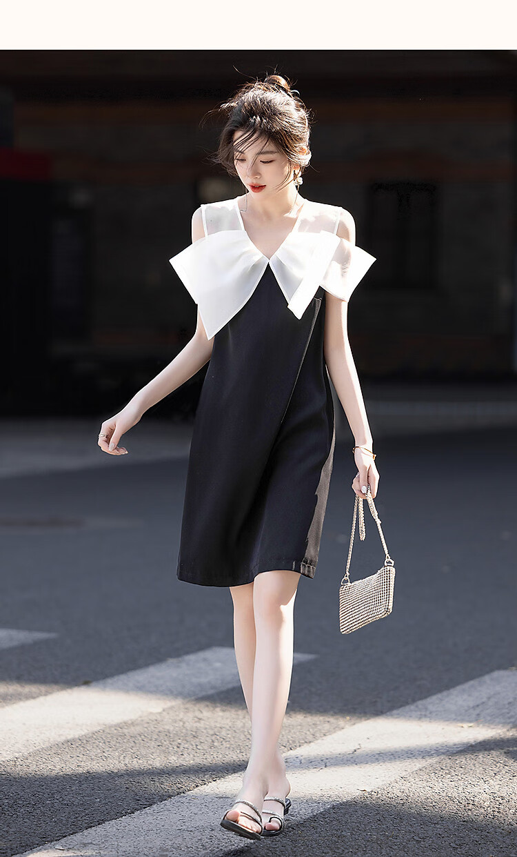 Dme [Xian Gan Shang Fen] Summer Princess Bow Tie See-Through Spliced V-Neck Draping 80D Linen Women's Dress 6