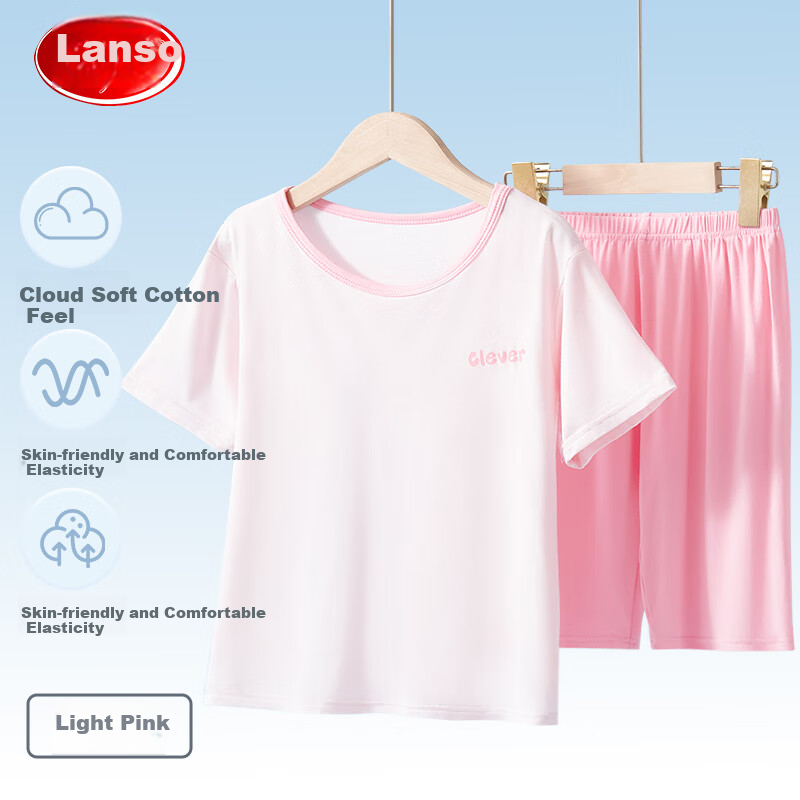 LangSha Children's Pajamas, Summer Girls' Short-Sleeve Thin Air Conditioning Wear, Big Kids Girls' Home Wear Set, Pink, Size 140