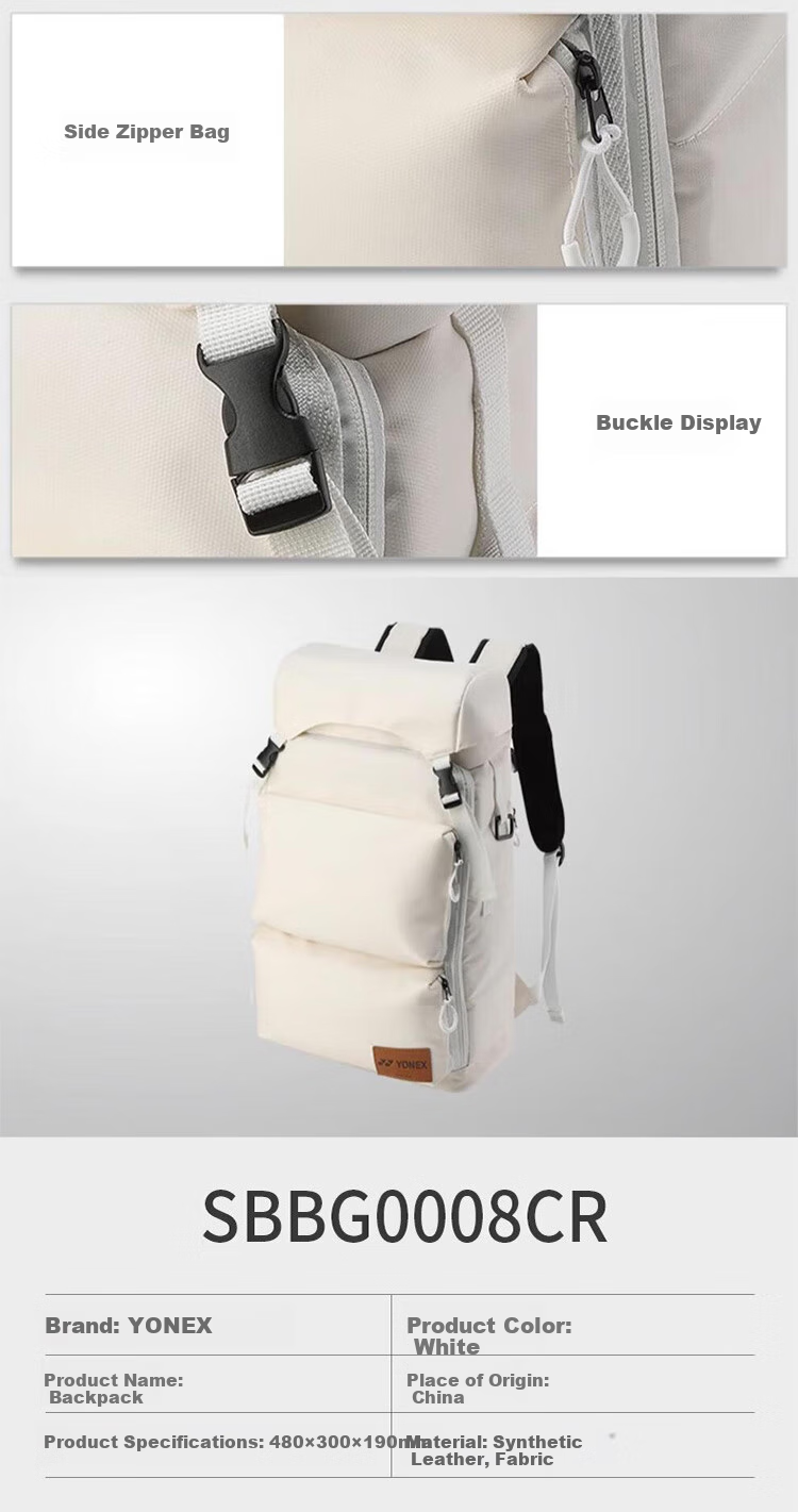 YONEX Tennis Bag, Multifunctional Large Capacity, Simple And Stylish Backpack, SBBG0008CR White 3