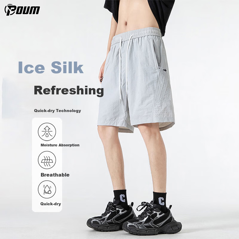 POUM Men's Ice Silk Shorts, Summer Style, Casual Wear, Quick-Dry Sports, Large Size, Beach Shorts, K009, Cloud Gray, Size M