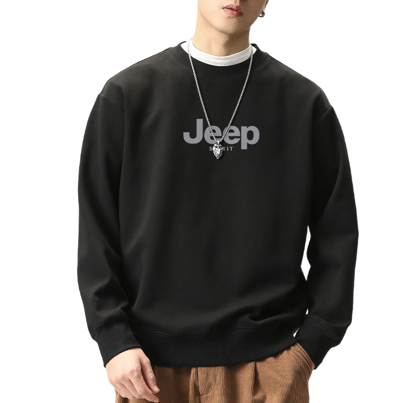 JEEP SPIRIT Men's Black Pullover Hoodie No Hood Autumn Casual Loose Fashion Printed Sweatshirt 2XL
