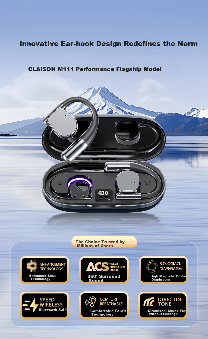 CLAISON Bluetooth Headphones, Ear-Hook Bone Conduction Concept, Non-In Open-Style Wireless Sports Running Cycling Gaming Ear-Clip Headphones, Suitable for Apple Huawei M111 - Off-White 1