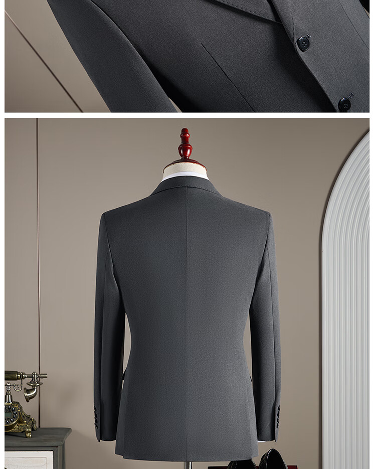 ROMON Men's Slim Fit Wool Suit Set with Blazer, Vest, and Trousers, Black, 3XL 6