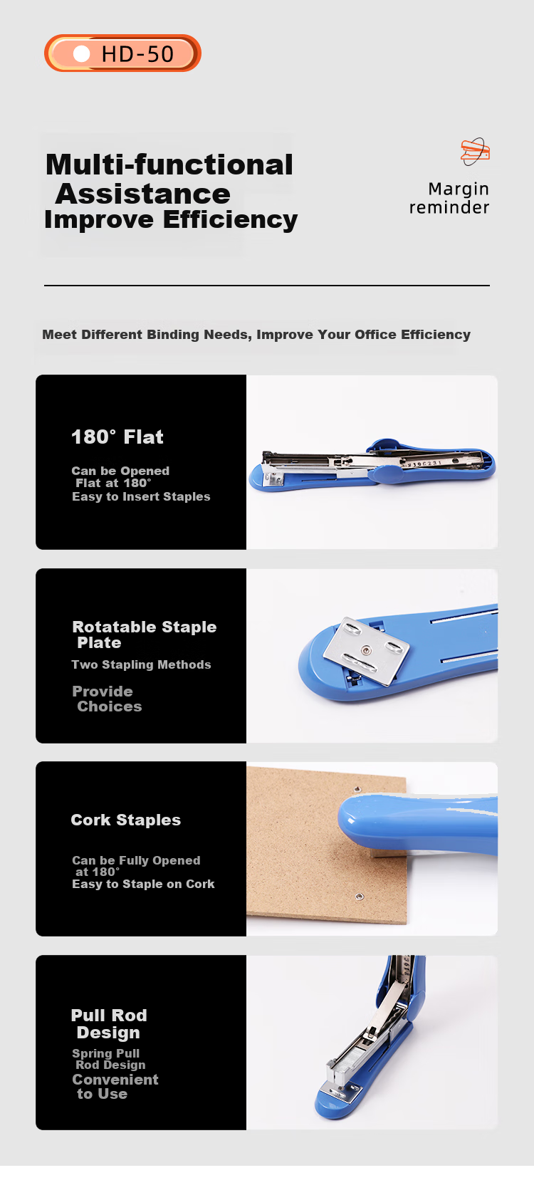 MAX HD-50 Portable Low-Effort Stapler with Rotatable Binding Plate, Suitable for Business Finance Students Office Supplies, Can Staple 2-30 Pages, Compatible with NO.3-1M Staples, Gray 2